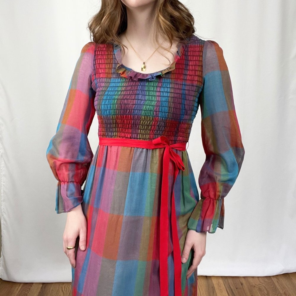 Vintage Cottagecore Puff Balloon Sleeve Plaid Tiered Ruffle Maxi Dress Handmade - Picture 6 of 7